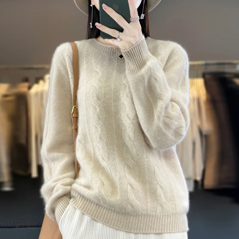 Women Winter Sweater 100% Merino Wool Thick Warm O-Neck Pullover Twist Flower Cashmere Knitwear Casual Korean Popular Clothes