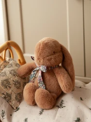 Brown Fluffy Plush Toy with Floral Bow Cute Huggable Stuffed Rabbit Soft Toys for Kids Gift Baby Toys Wholesale Plushies