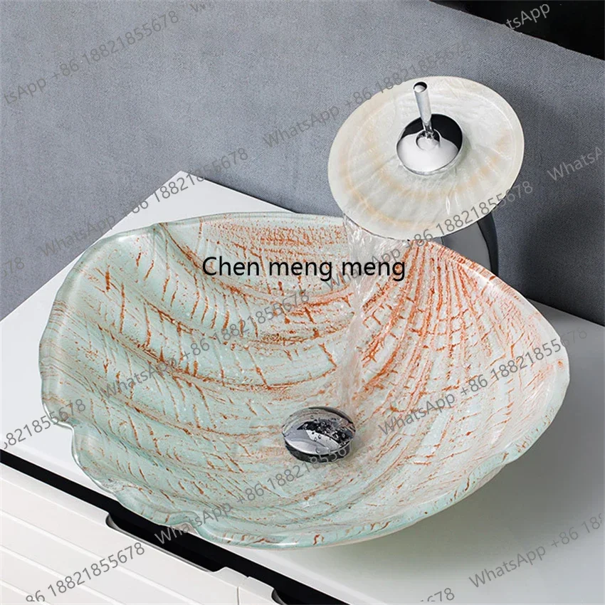 Z136European-style Washbasin Bathroom Hand Painted Waterfall Spout Basin Tempered Glass Wash Basin Above Counter Basin Faucet Se