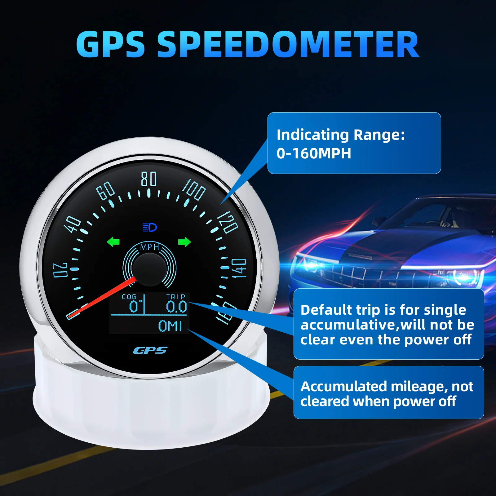 

7 Color Backlight 0-160 MPH GPS Speedometer Trip ODO COG Waterproof Speed Meter with GPS Antenna for Moto Marine Boat Car Truck