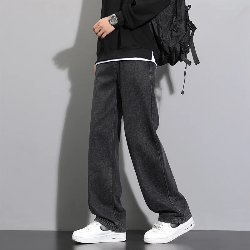 2026 New Korean Men's Casual Long Jeans Classic Man Straight Denim Wide-leg Pants Solid Color Light Blue Grey Black, image 4
