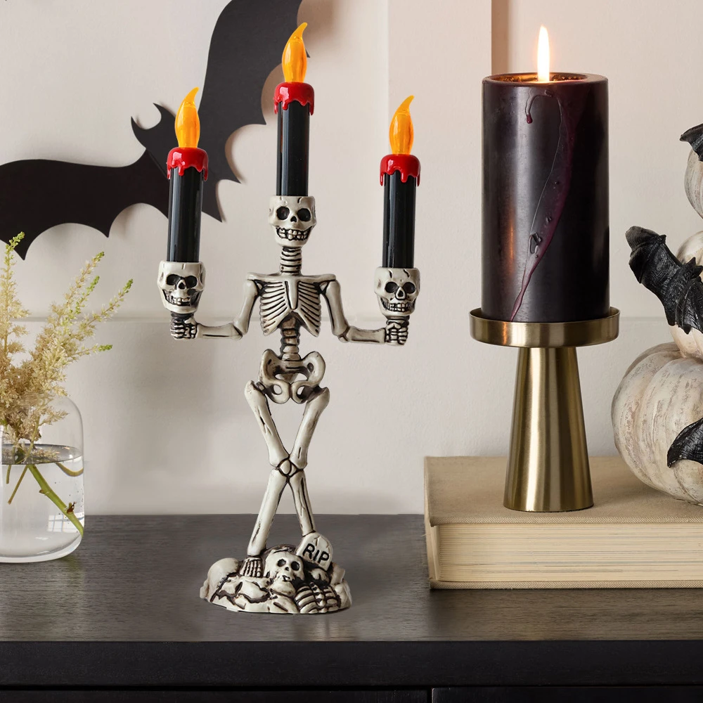 Skull Candlestick LED Halloween candle holders Flameless Candles Holder Stand Horror Props Halloween Decoration House Decor