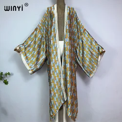 WINYI kimono letnie klasyczny nadruk kobiety luźna długa sukienka elegancka impreza Boho Maxi wakacje na plaży Kimonos kaftan