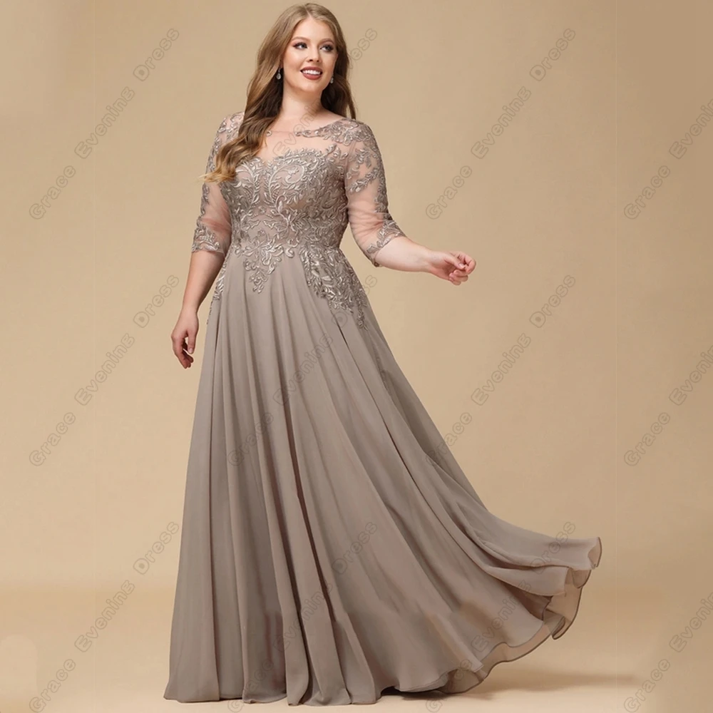 Marrone Plus Size abiti per la madre della sposa con pizzo abiti da festa di nozze in Chiffon a tre quarti per le donne Scoop Robe De Soirée