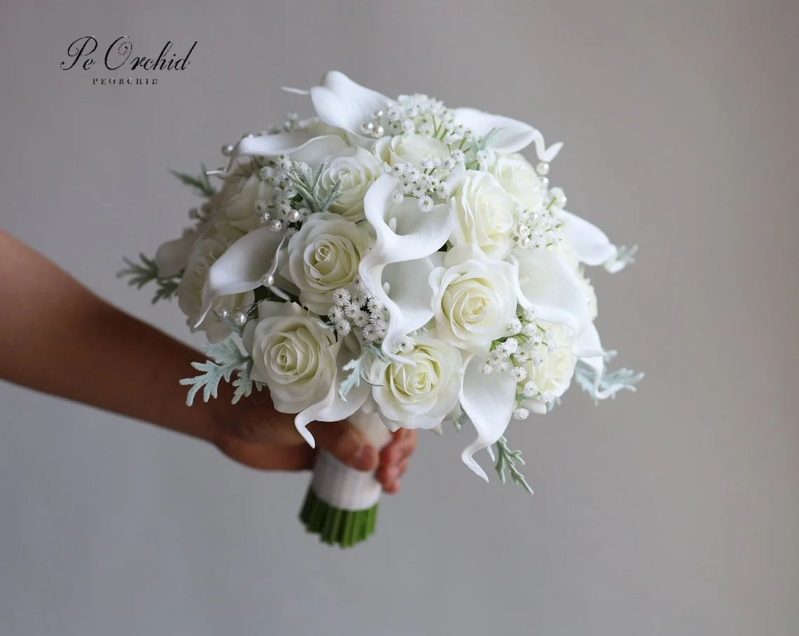 PEORCHID Faux Ivory Roses Pearls Bridal Bouquet Luxury Real Touch Calla Lilies Artificial Wedding Silk Flowers Bouquets