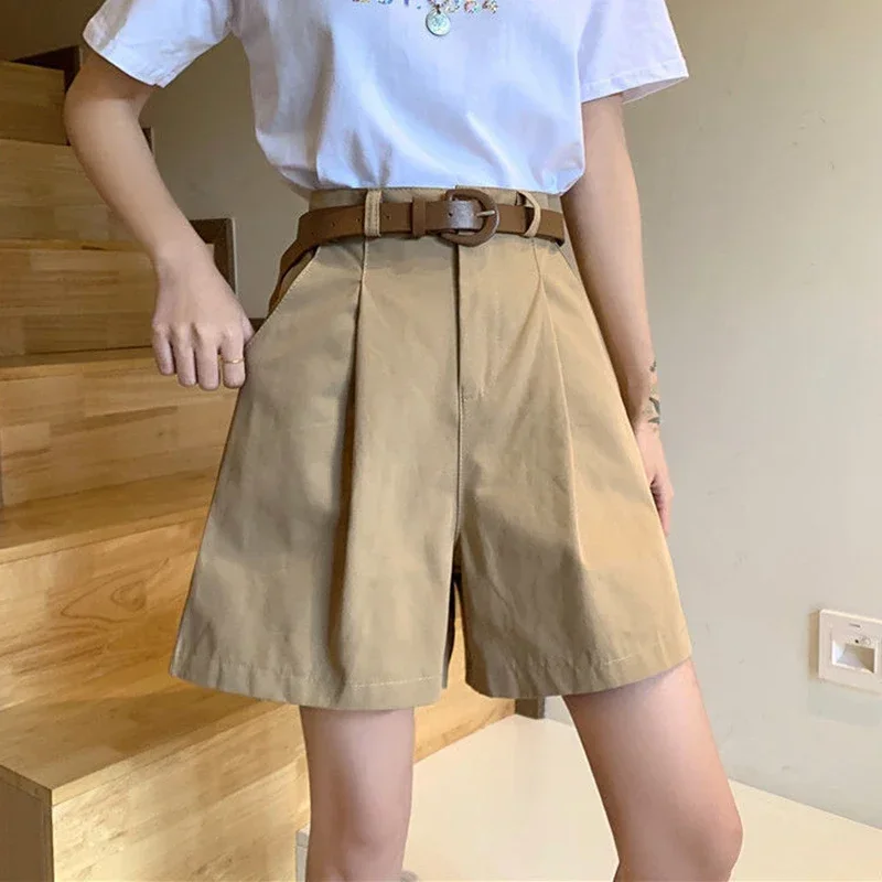 Women\' Summer Casual Shorts 2024 New Streetwear with Belt Cotton Wide Leg Shorts Female High Waist Straight Knee Length Pants