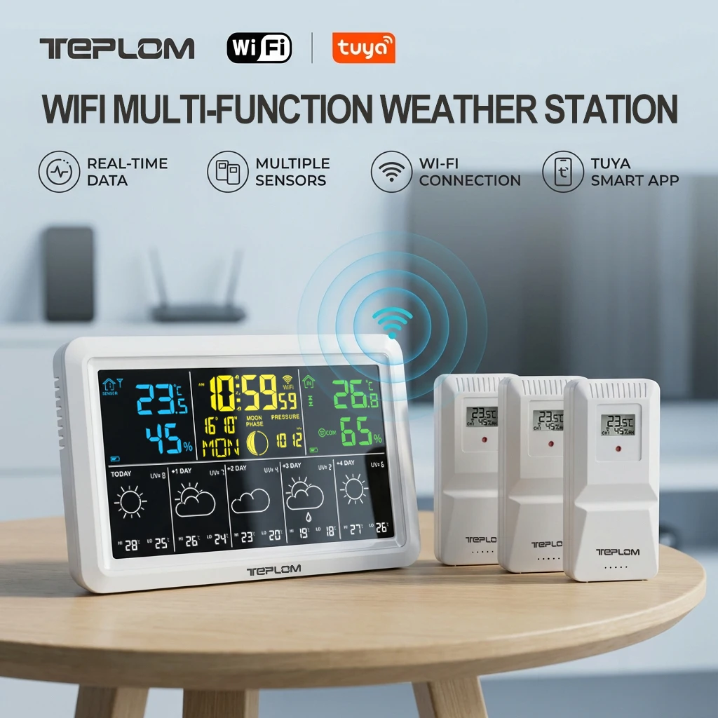 TEPLOM Wi-Fi Weather Station with App Control, 7.5-Inch Color Display Indoor/Outdoor Thermometer, Accurate Weather Forecast,