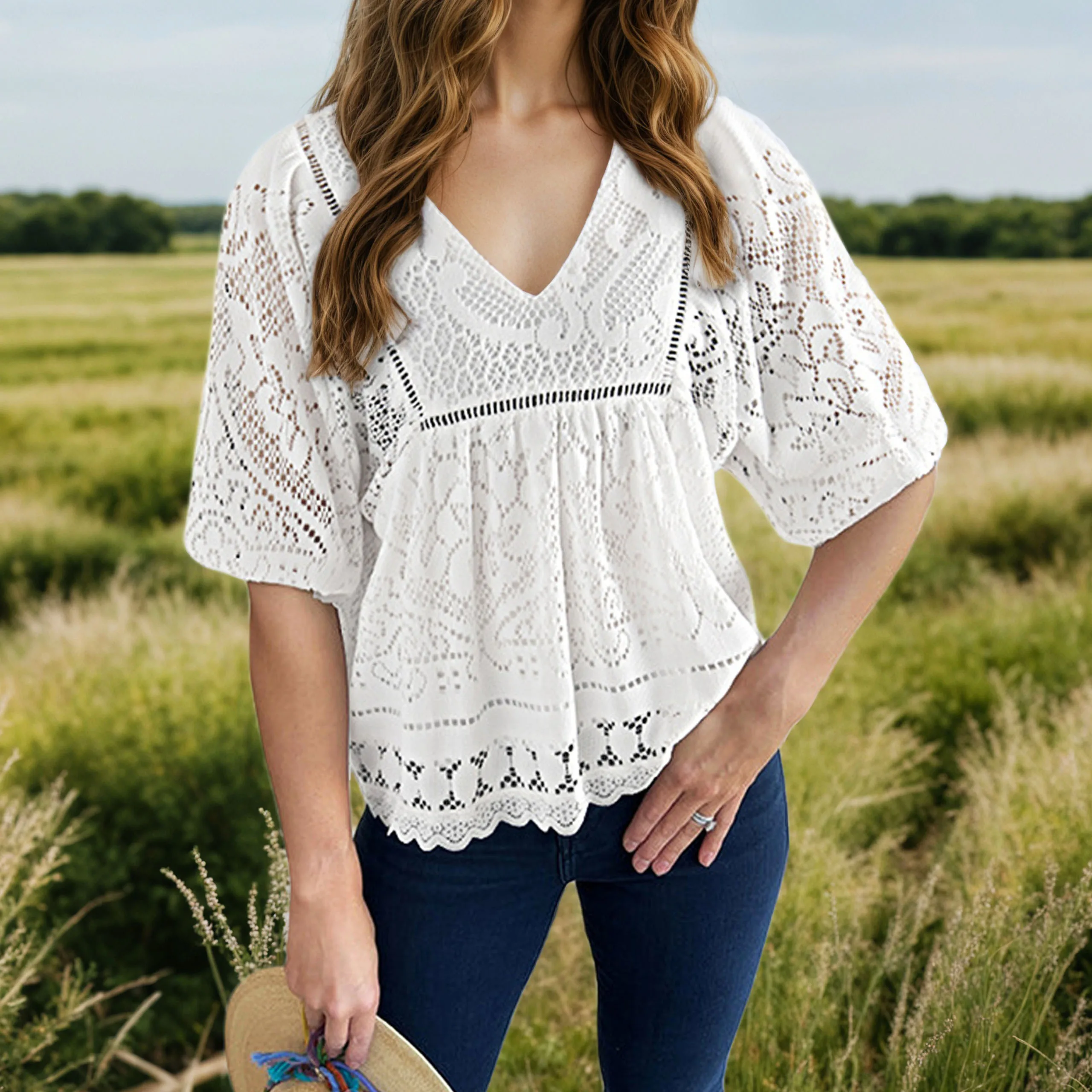 

White Floral Lace Women's Blouses Shirts Vintage Half Sleeve Oversize Loose Casual BlusasSummer V Neck Boho Beach Ladies Tops