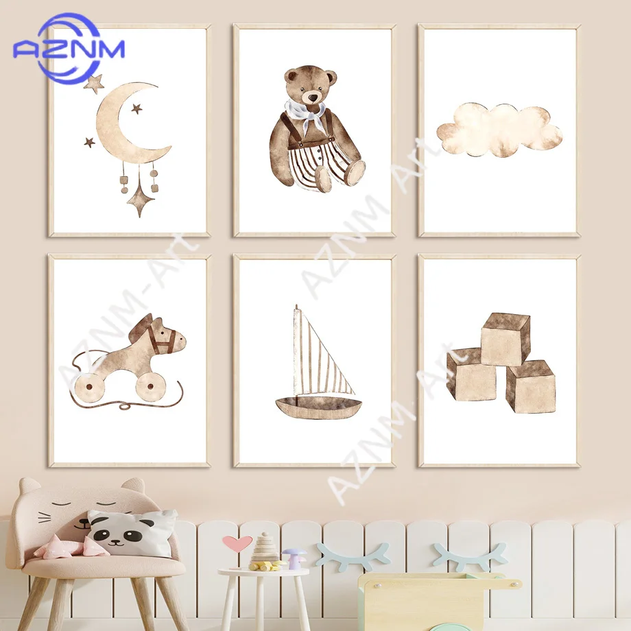 Boho Nursery Wall Art - Bear Toy Trojan Building Block Train Cloud Canvas Painting Posters & Prints | Baby Kids Room Home Decor