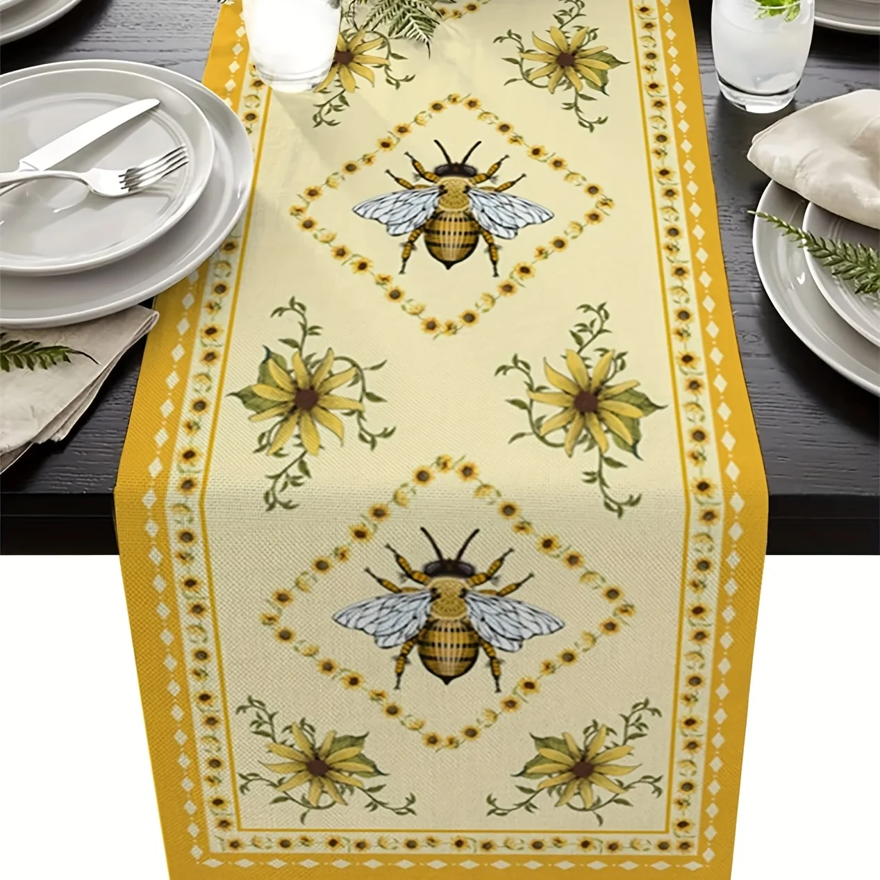 1 Piece of Yellow Floral and Bee Pattern Table Runner, Suitable for Farmhouse, Indoor, Kitchen, Celebrations, Table Decoration, Restaurant, and Banquet Decoration Supplies