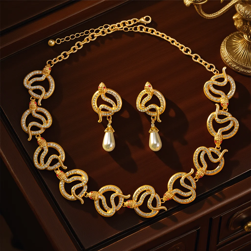 

3pcs Elegant Vintage Jewelry Set for Women Snake Shape Necklace Full of Pearls and Diamonds Choker Bridal Wedding Earrings Party