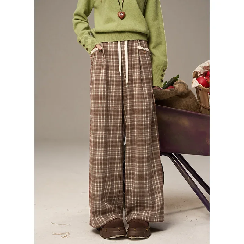 ELFSACK Women's Vintage Plaid Wide Leg Pants with Drawstring Waist, Retro Loose Trousers for Daily Wear
