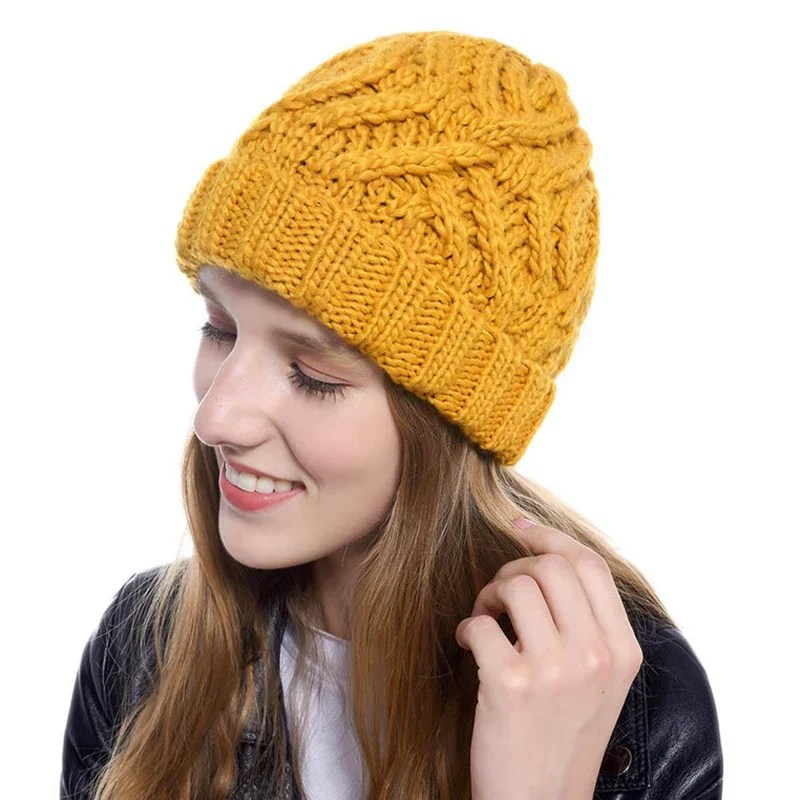 Fashion autumn winter hats for women geometric wool knitted hat solid handmade beanie cap gorros mujer invierno female bonnet