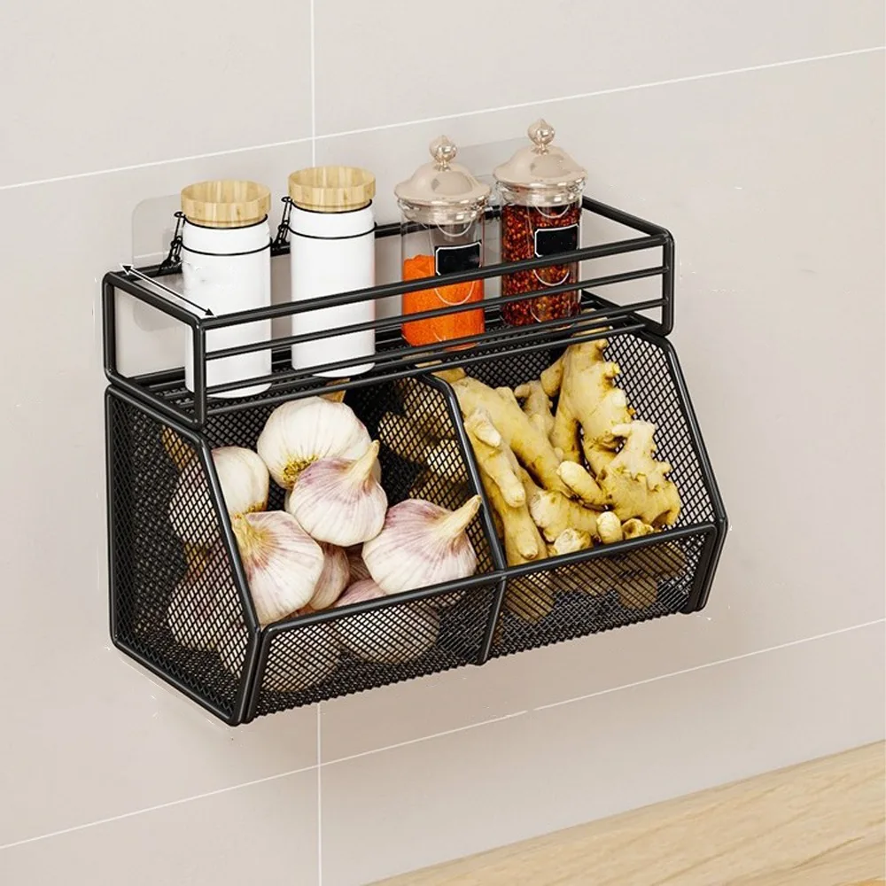 

Wall Mounted Kitchen Storage Basket Carbon Steel Punch-Free Vegetable Drainage Basket Grid Spice Storage Shelf Vegetable Storage