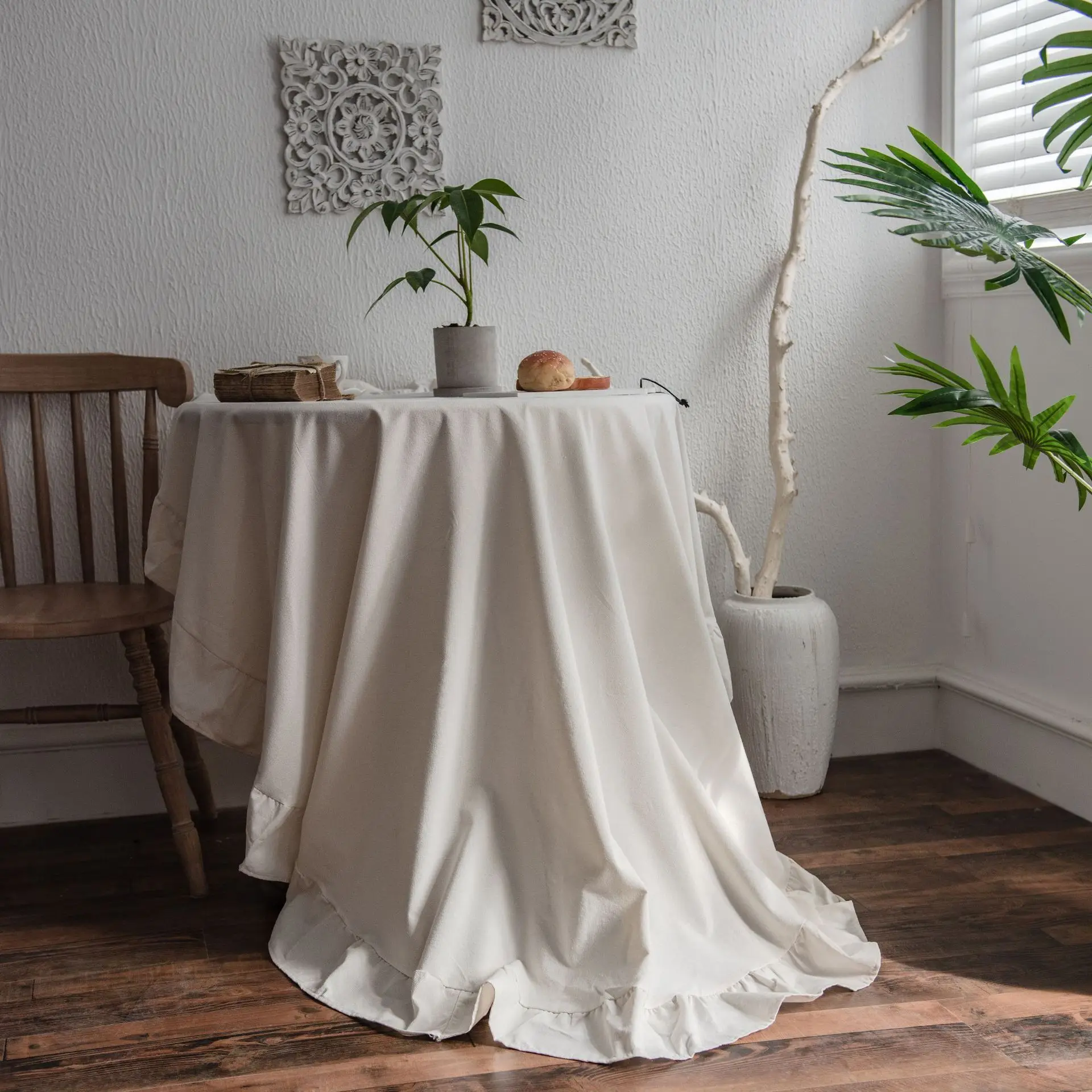 Household Solid Plain Ruffle Edge Cotton Linen Tablecloth Home Hotel Decorative Round 150cm Table Cloth Cover Beige