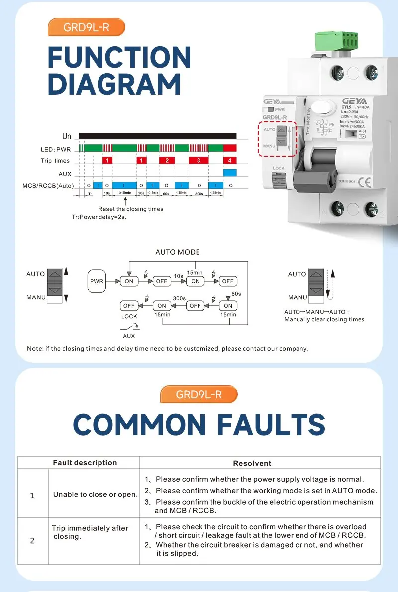 GEYA GRD9L mit A-SI RCCB Auto-Reconnectable Fehlerstromschutzschalter 2P 40A 0,03A (30mA) RCD Elektromagnetisch Superimmunisiert – Detail 6