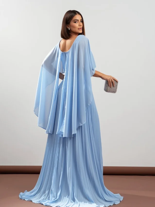 تخصيص جودة عالية طول الأرض نصف كاب الأكمام سستة عارية الذراعين الأزرق التجاعيد النساء Abiye Uzun Elbise Modelleri فساتين سهره