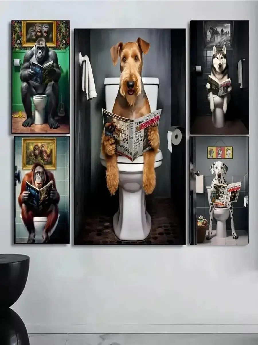 Funny Bathroom Dog Sitting on Toilet Reading Newspaper Art Print for Home Bedroom Wall Decoration Poster Painting