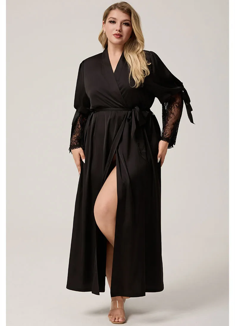 

Women Black Back Lace Hollow Out Long Robe Retro Satin Sleepwear Long Sleeve Kimono Bathrobe Loose Home Wear