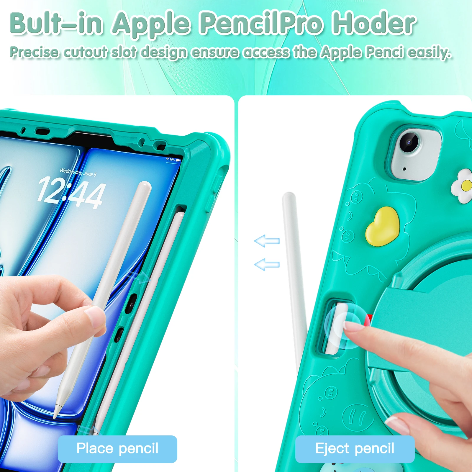 Casing hibrida dapat diputar 360, sarung HP untuk iPad Air 11 2024 Pro11 2018 2022 Air 4 5 10.9 tugas berat dengan pegangan kartun anak-anak