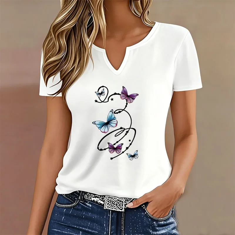 Graphic Colorful Butterfly T-shirt V Neck Casual Fashion T Shirts Women Short Sleeve Tee Shirt V-Neck Summer Spring
