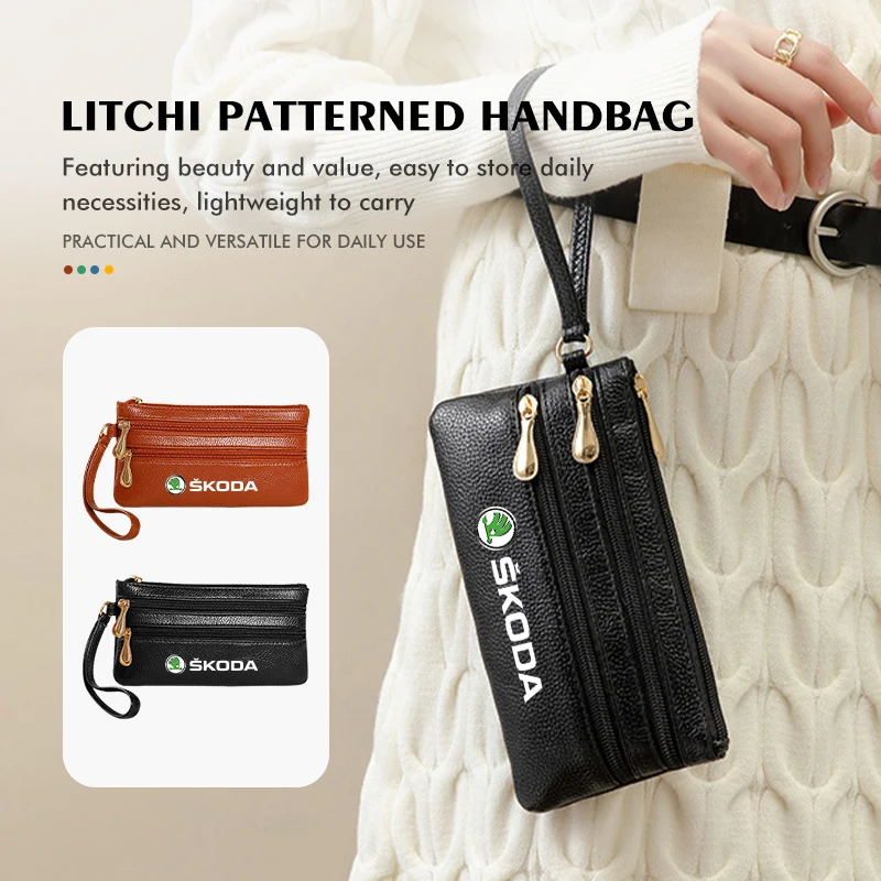 Bolso de mano para hombre, billetera con patrón de Litchi, tarjetero de gran capacidad para Skoda Rapid MK3 Derivative VisionS Yeti Scala Enyaq-iV