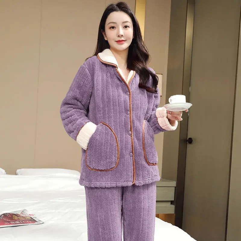 

Female Thickening for Warmth Long Sleeve Can Be Worn Outside Flannel A Loungewear Set Autumn and Winter Coral Fleece Pajamas