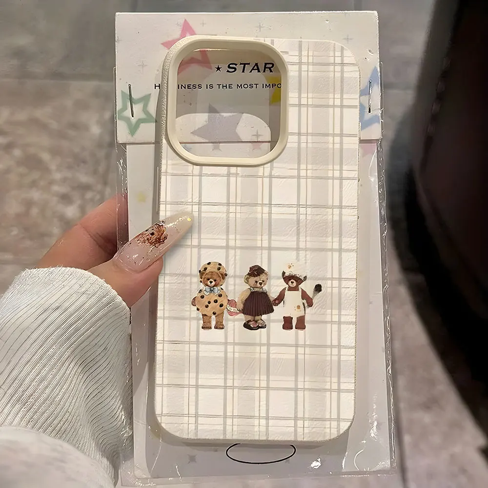 Funda de Teléfono con Diseño de Osito de Peluche a Cuadros para iPhone 17 Pro Max 16 15 14 13 12 11 Pro 15 14 Plus 17 Air X Xs XR, Funda Suave