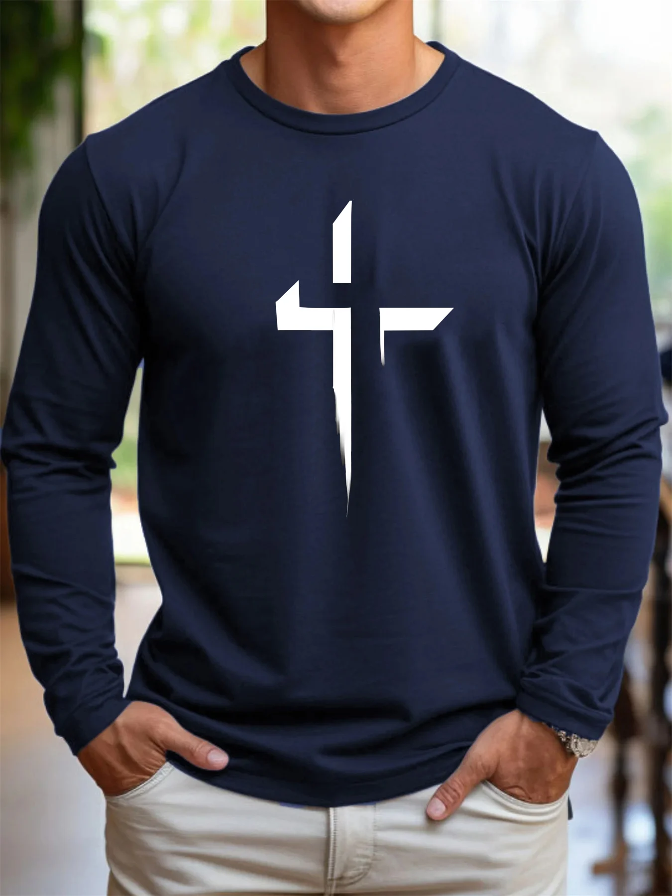 100% algodão puro masculino manga comprida em torno do pescoço solto casual padrão cruzado impresso primavera e outono versátil camiseta topo