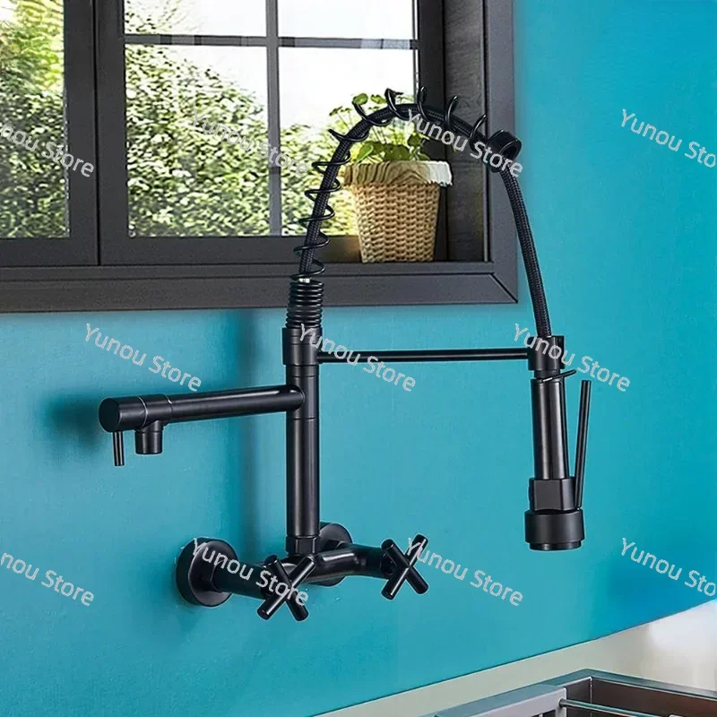 Kitchen Faucet with Dual Handle Cold and Hot Mixed Faucet Wall Mounted Rotating Nozzle Spring Pull-down Type