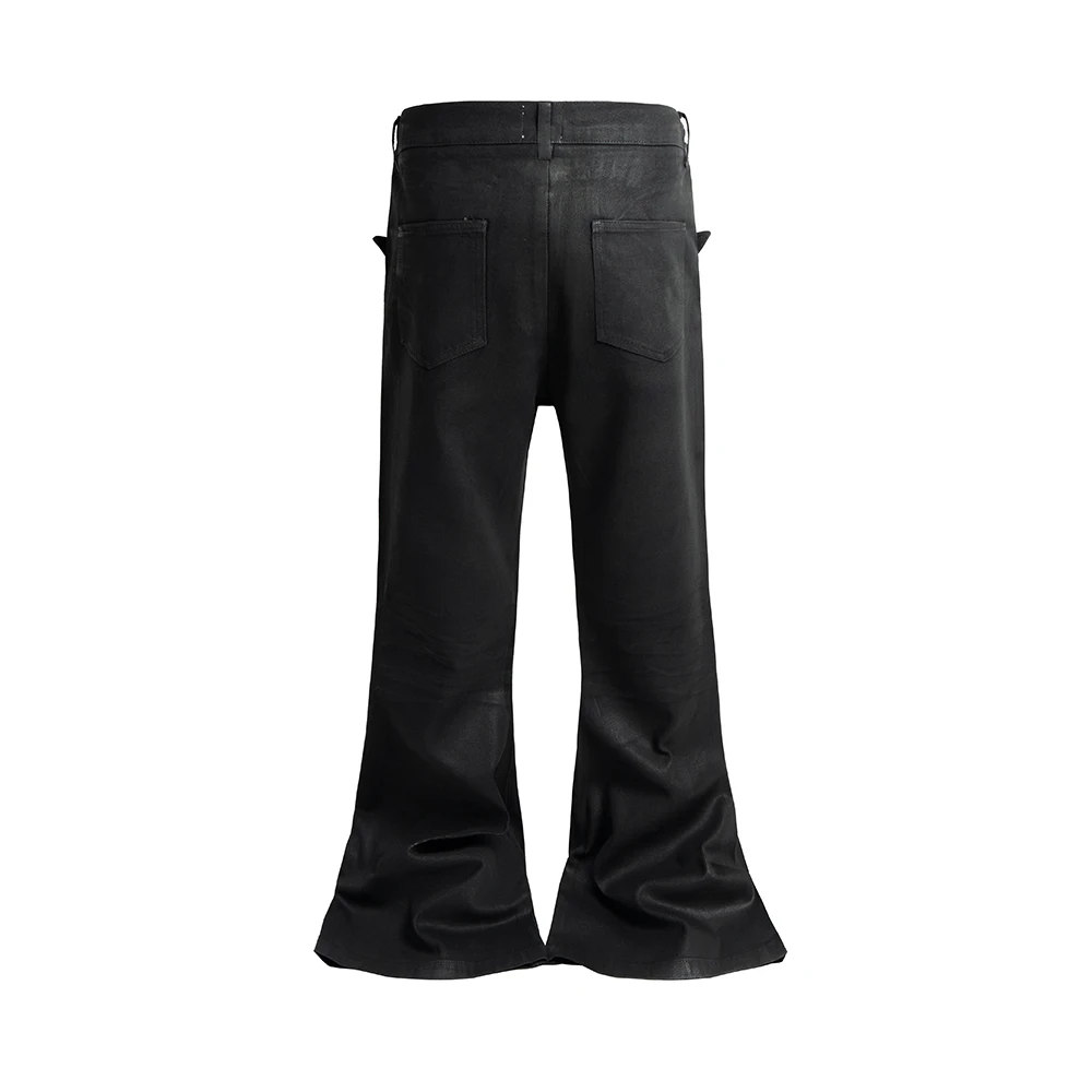 High Street Brush Wax Coated Elastic Flared Jeans for Men Straight Black Washed Vintage Baggy Denim Trousers Oversized Boot Cut