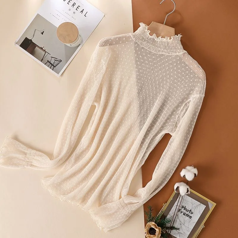 المرأة مثير شبكة انظر من خلال تي شيرت طويل جرس كم الجوف خارج بلوزة الصيف شفافة شير عالية الرقبة قاع الأساسية المحملة #6