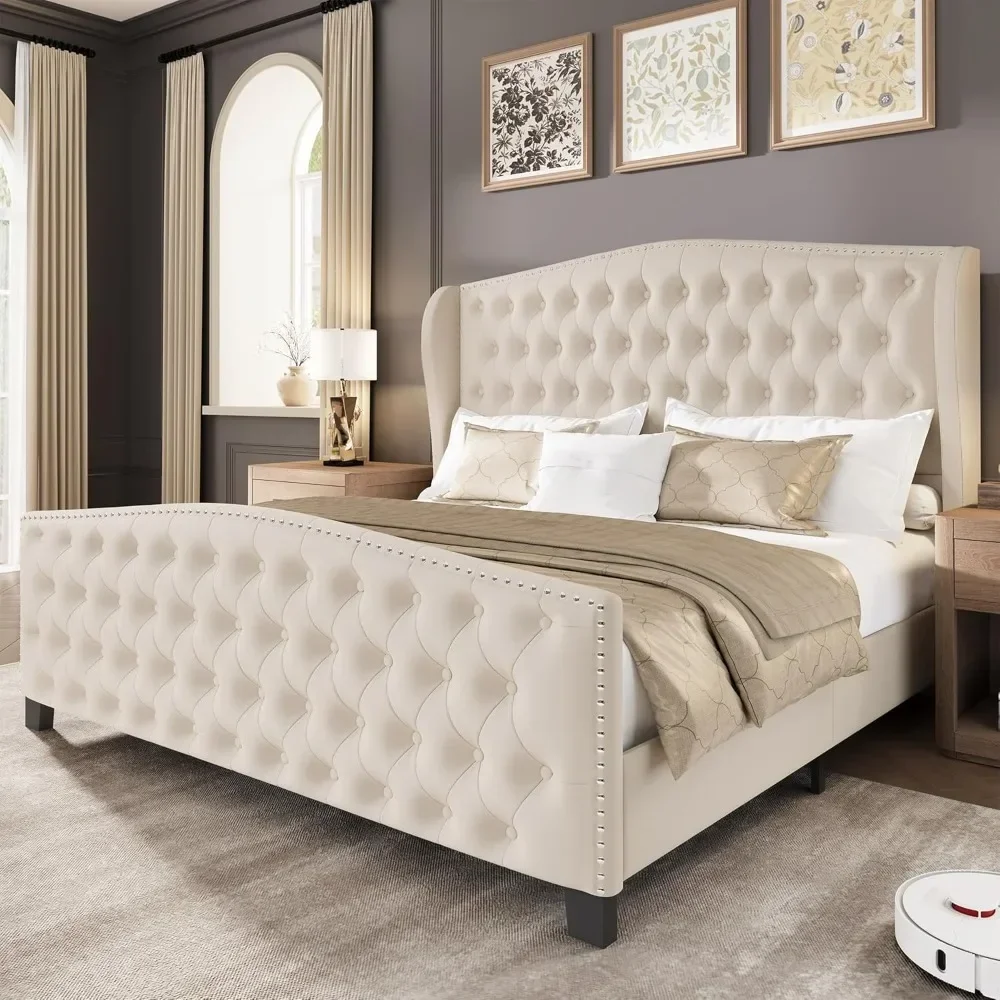 Bed Frame Upholstered Platform Bed with Wingback Headboard & Footbaord Velvet Beds Deep Button Tufted Beds Frames