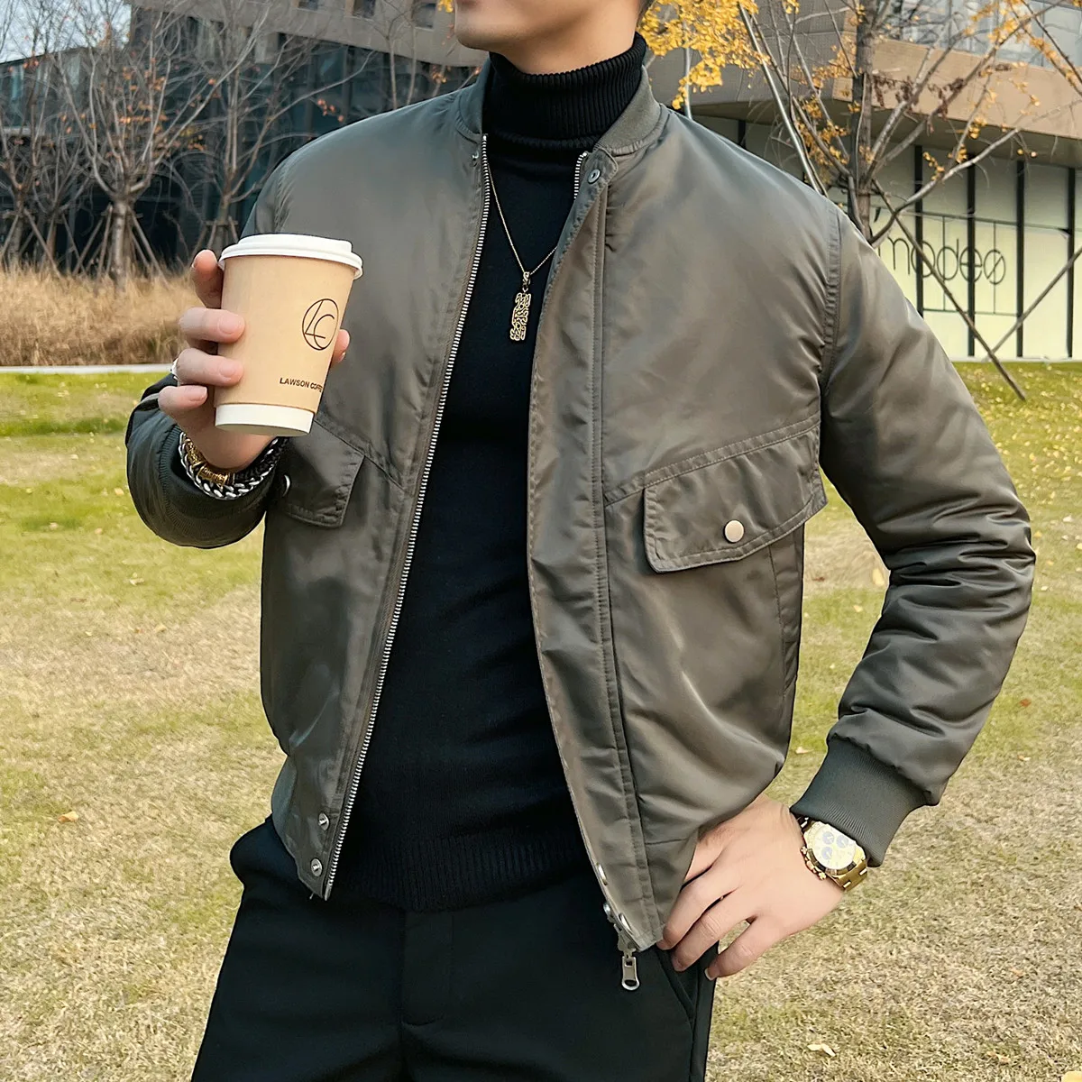 

Black/Green Men's Winter Jacket High Quality Stand Collar Thick Warm Bomber Jackets For Men Korean Slim Fit Casual Coats Man 3XL