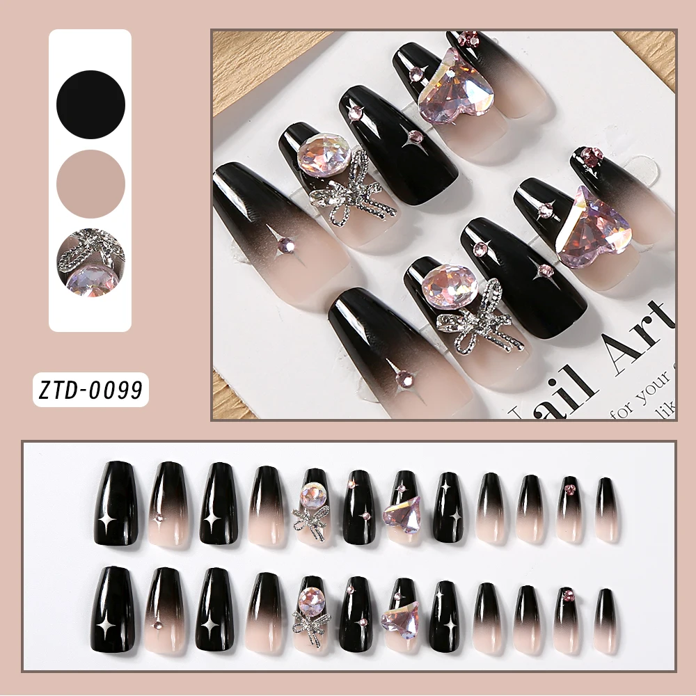 24pcs/box black press on nail tips 3D Heart Bow Rhinestone Y2k Long Ballet Fake Nails Full Cover Wearable Glossy DIY False Nails