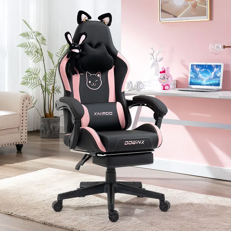 New Gaming Chair Cute with Cat Ears and Massage Lumbar Support, Ergonomic Computer Chair for Girl with Footrest and Headrest