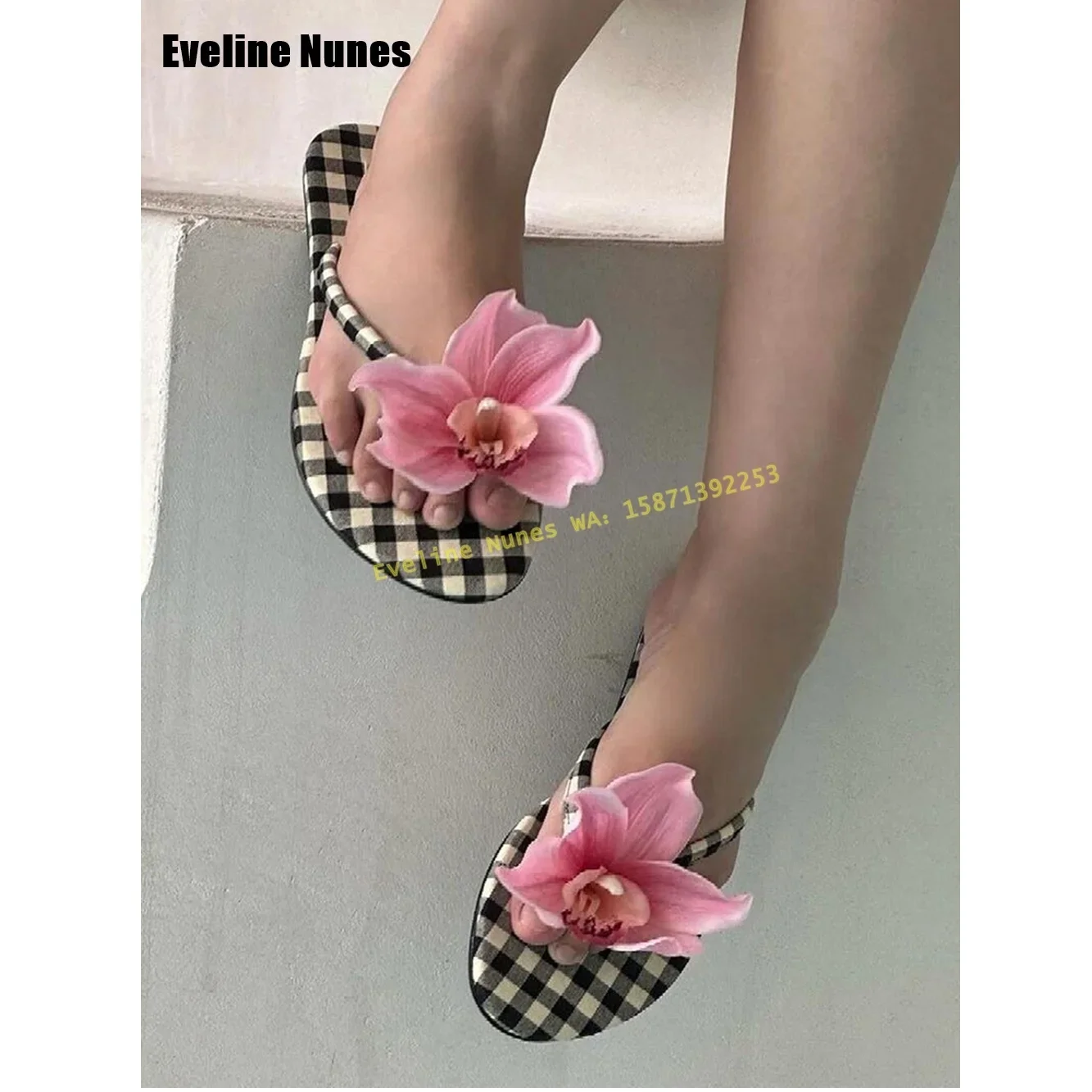 

Pink Flower Checkered Clip Toe Sandals Slingback Shallow Flat with Casual Beach Dress Women Slippers 2025 Summer New Style Trend