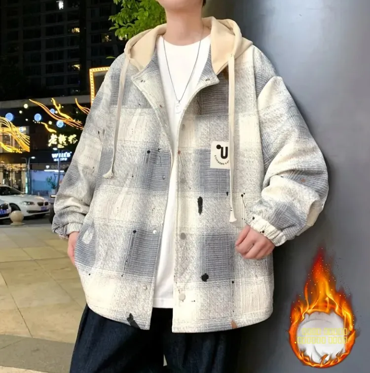 

Утепленная флисовая мужская куртка с капюшоном, молодежная, с контрастными вставками, в клетку, зимняя, теплая, ветрозащитная, повседневная, для студентов