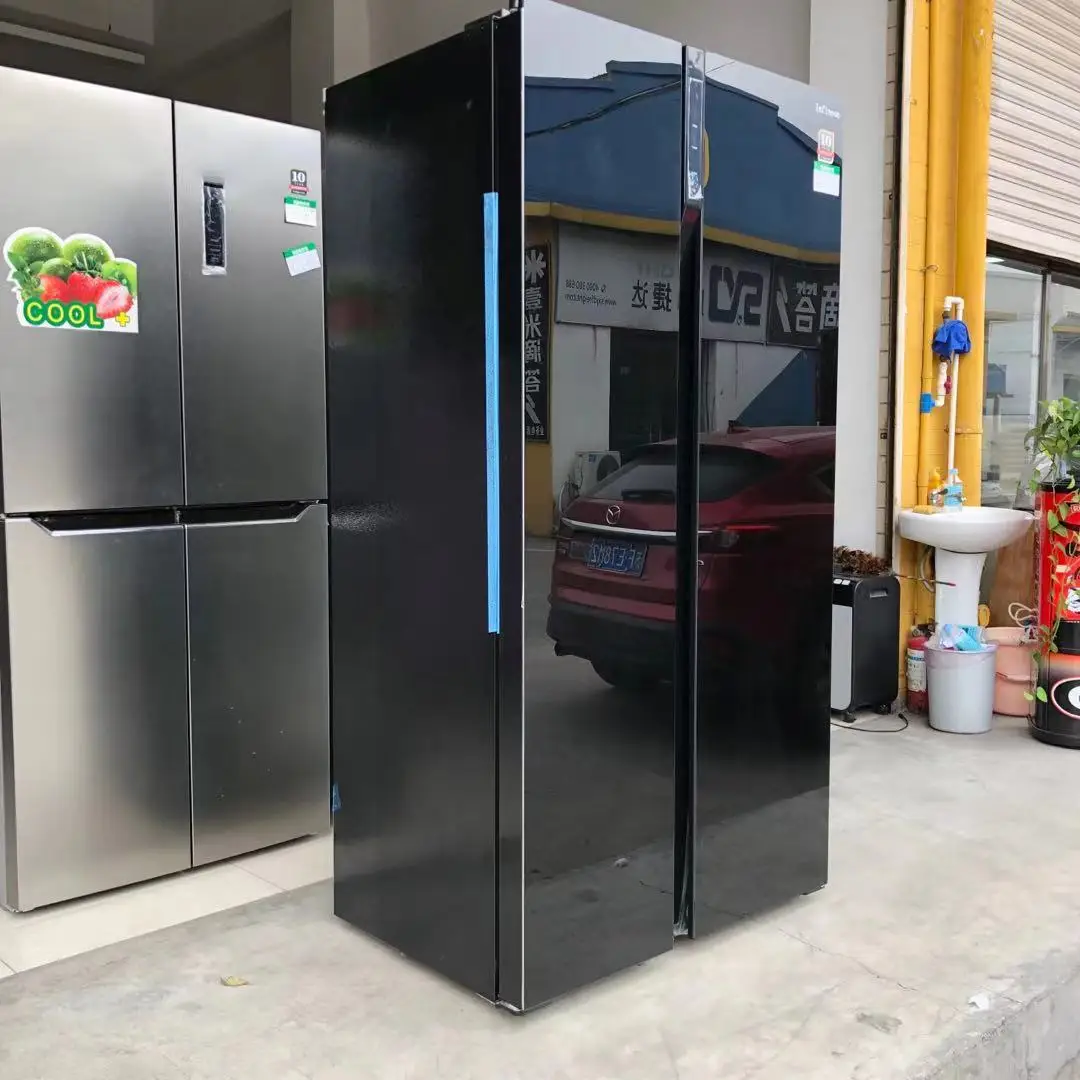 ثلاجة عالية الجودة جنبًا إلى جنب، باب زجاجي أسود مبرد بالرياح، موفر للطاقة، ثلاجة 570 لتر