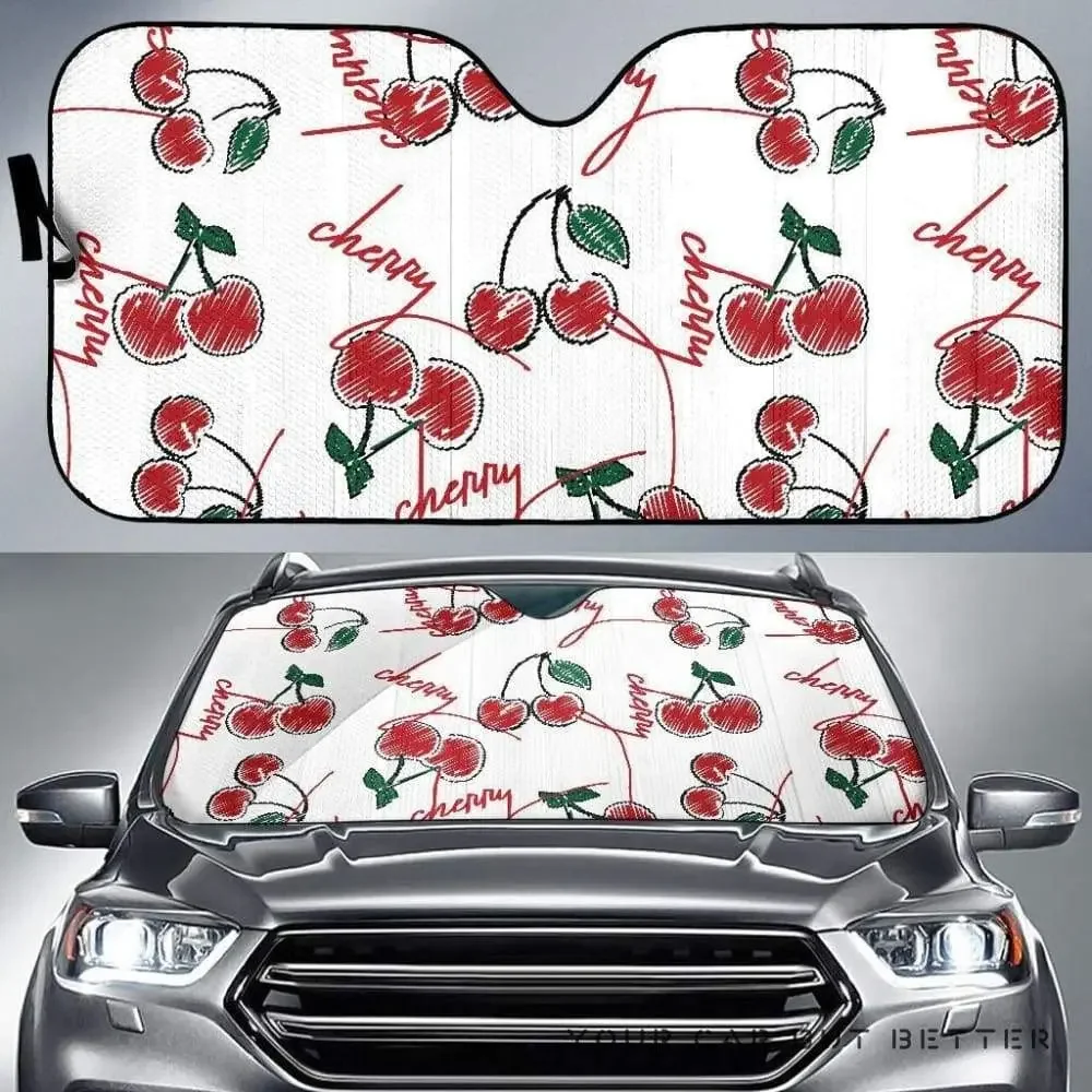 Hand painted cherry pattern white background car sunshade, UV sun protection windshield sun visor window sunshade