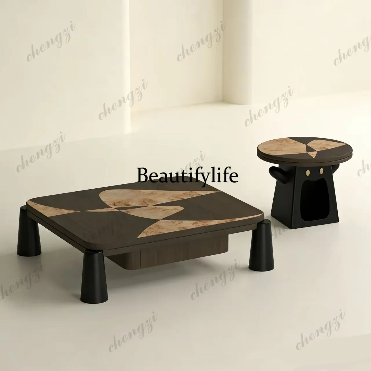 Modern minimalist medieval coffee table combination square storage function geometric texture design living room coffee table