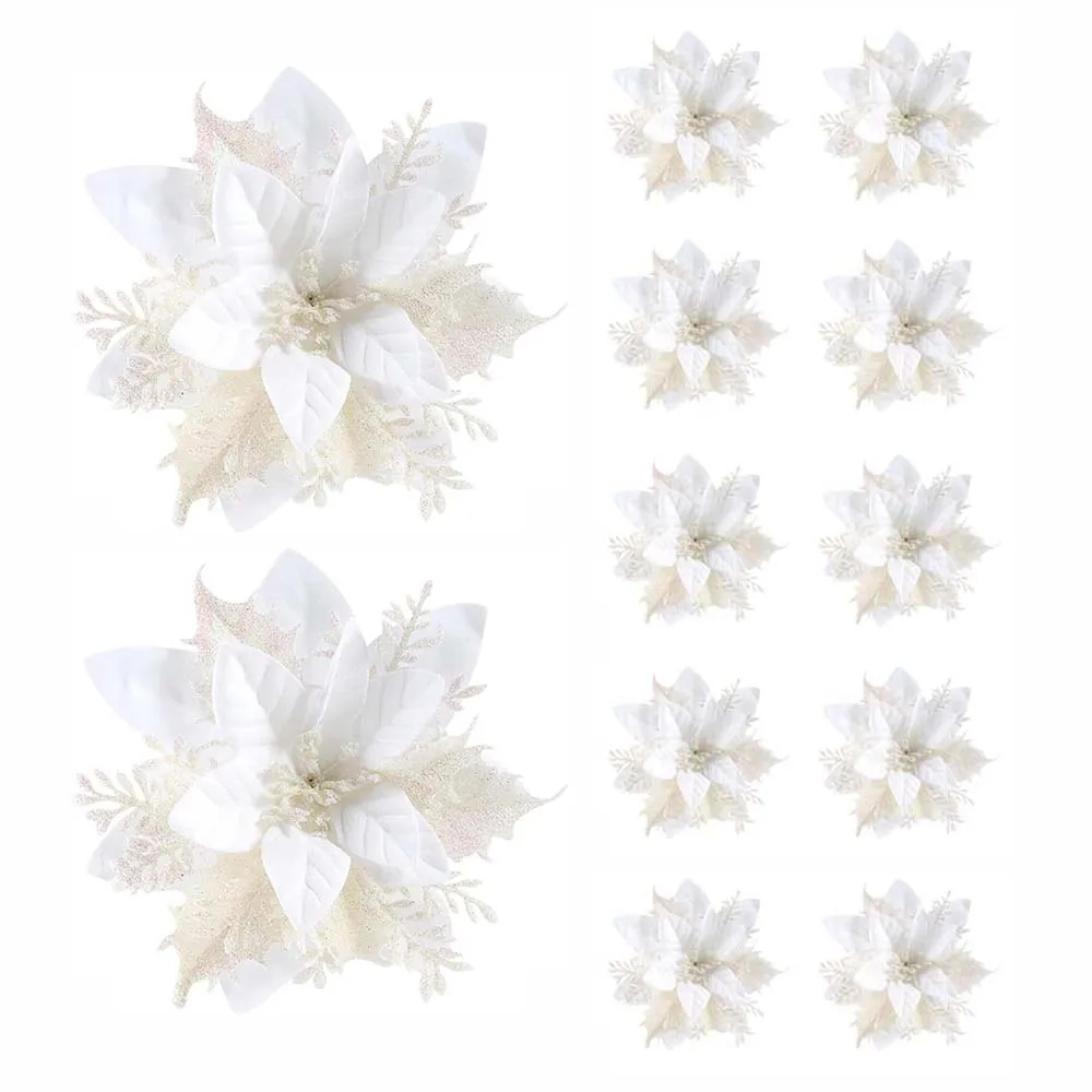 5/10 Stück 14,5 cm Weihnachtsblumen-Ornamente, rosa, rot, gold, glitzernde künstliche Blumen für Weihnachtsbaum, Weihnachtsdekoration für Zuhause – Detail 11