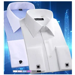 Camisa de manga larga para hombre, esmoquin de alta calidad, cuello de pie, vestido de boda, gemelos franceses blancos, novedad de 2024