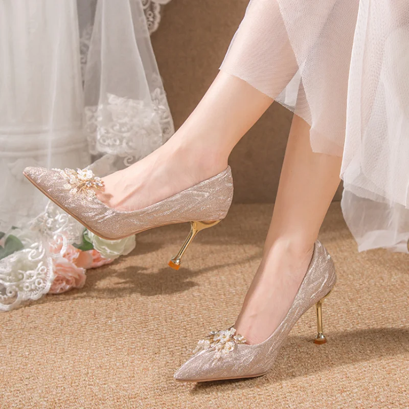 Rimocy Shiny Buckle Thin Heels Pumps Women Fashion Pearl Flowers Wedding Party Shoes Woman Pointed Toe Slip-On High Heeled Shoes