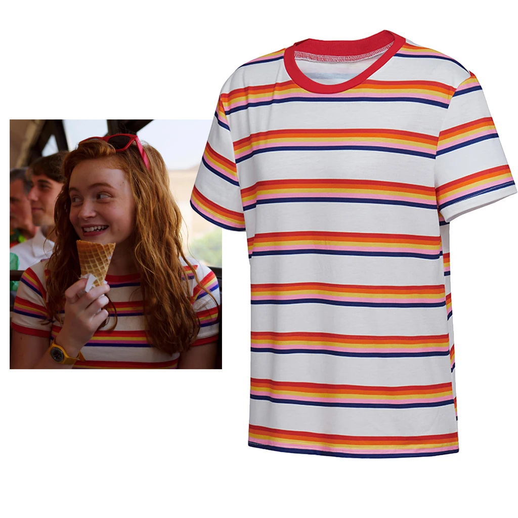 Max Mayfield Cosplay Costume Max Striped T-shirt Women girl Casual Coat Max Mayfield Colorful Striped T-shirt For Hallowee