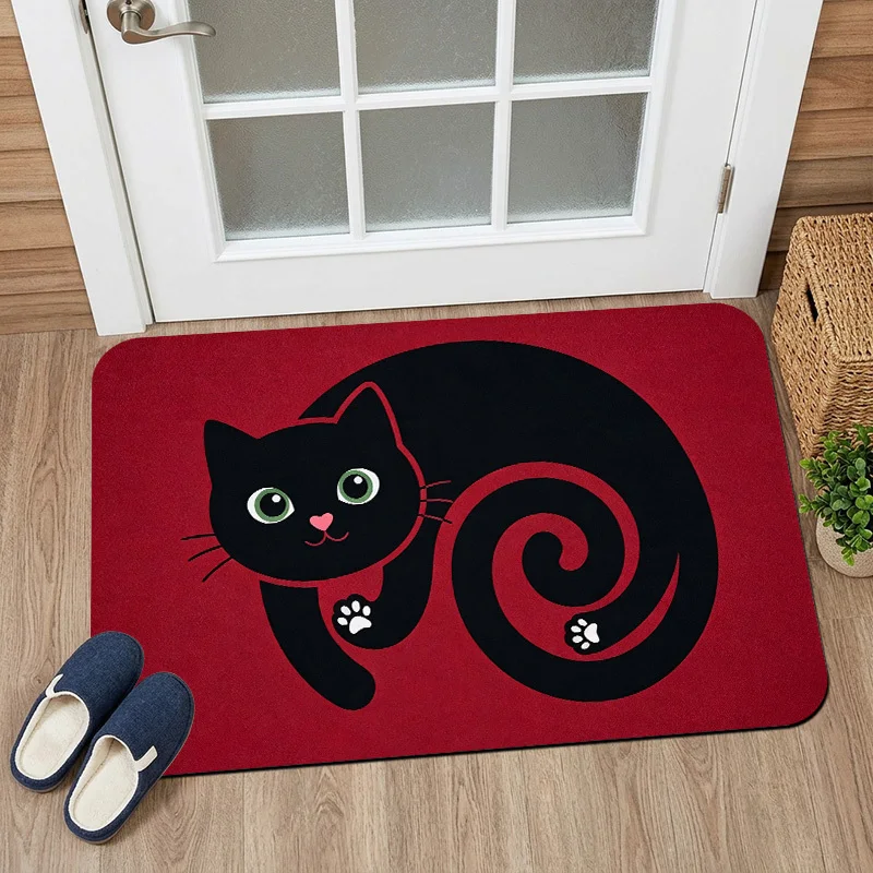 Cute Black Cat Door Mat, Red Background & Paw Print Pattern, Funny Welcome Rug, Non-slip Entrance Floor Mat, Pet Home Decor