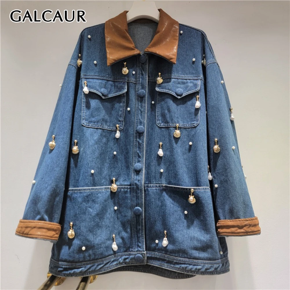 

GALCAUR синяя куртка с бисером, женская куртка с лацканами и длинными рукавами, свободный дизайн, уличная одежда, женские куртки, осенний стиль, модная новинка