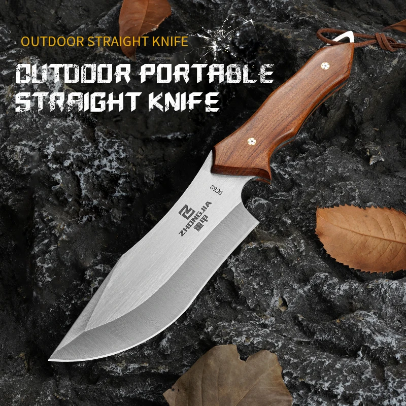 Portable camping survival knife, hunting straight knife, outdoor knife, handle cleaver (including knife cover)