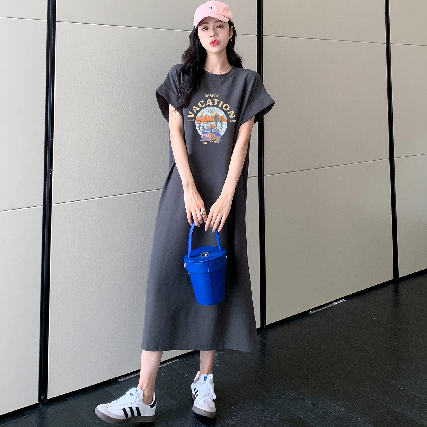 T-shirt imprimé en pur coton pour femmes, dr Long Sve ort Sve, jupe trapèze, pour les déplacements, nouvelle collection été