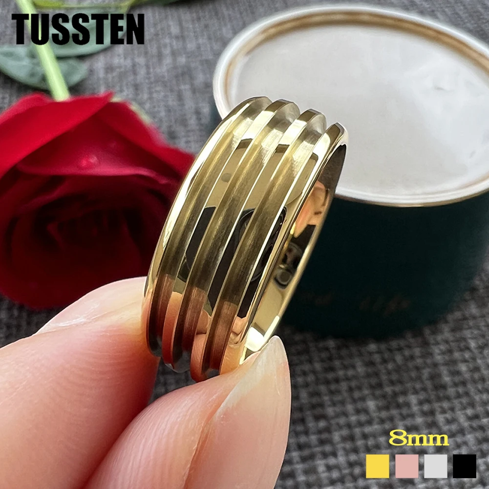 TUSSTEN Wholesale Dropshipping 8MM Tungsten Blank Rings Three Grooves For Inlay Channel Polished Shiny Dome Edges